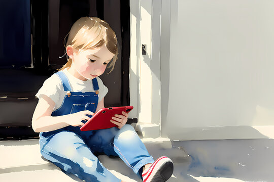 玄関に座ってタブレットを操作する女の子　Girl sitting in the doorway operating a tablet.generative AI