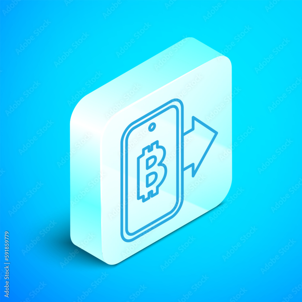 Poster isometric line mining bitcoin from mobile icon isolated on blue background. cryptocurrency mining, b