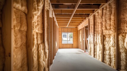 Fiberglass insulation for energy efficiency, home improvement, and indoor comfort. Close up of wall insulation installed. Soundproofing and maintaining indoor air quality. Generative AI