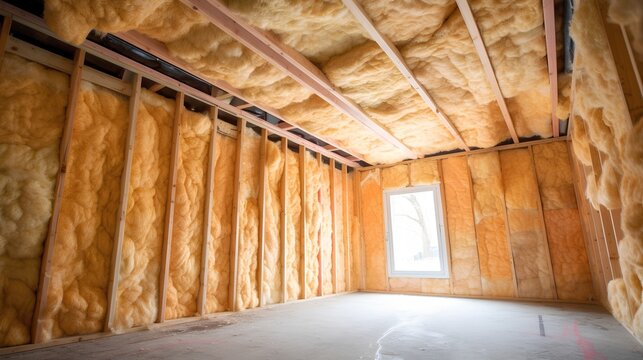 Fiberglass insulation for energy efficiency, home improvement, and indoor comfort. Close up of wall insulation installed. Soundproofing and maintaining indoor air quality. Generative AI
