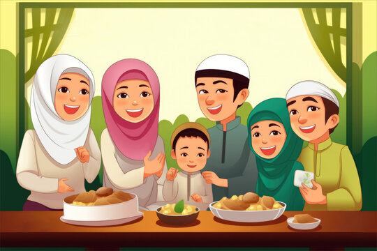Adorable Avatar of Cheerful Muslim Family Enjoying with Delicious Meal at Table. Eid Mubarak Concept. Generative AI