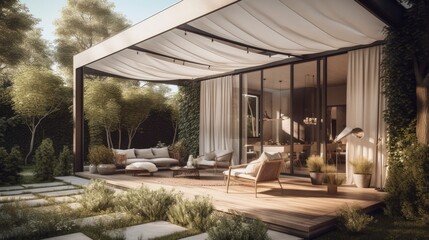 Modern House Featuring a Canopied Terrace and Stylish Garden Furniture. Generative AI Illustration