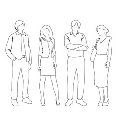 Vector silhouettes of  men and a women, a group of standing  business people,  linear sketch, black and white color isolated on white background