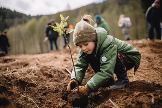 Forestry experts and volunteers planting trees as part of a reforestation project. The image captures the moment a child places a sapling in the soil, symbolizing hope for the future. Generative AI