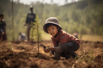 Forestry experts and volunteers planting trees as part of a reforestation project. The image captures the moment a child places a sapling in the soil, symbolizing hope for the future. Generative AI