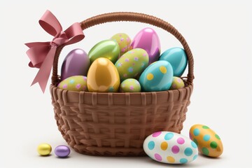 Fototapeta na wymiar Happy Easter day colorful eggs in basket, Generative AI