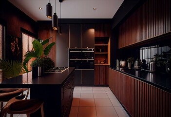 kitchen area in a chic expensive interior of a luxury home with a dark black and brown modern design with wood trim and led light. Generative AI