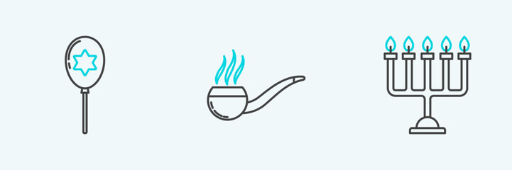 Set line Hanukkah menorah, Balloons with ribbon with star of david and Smoking pipe smoke icon. Vector
