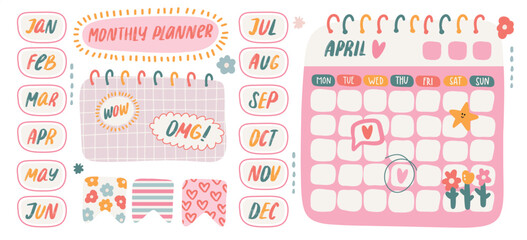 Cute Stickers and Calendar template for Monthly Planner. Kawaii elements of Month of the Year Typography. Blank paper notes, to-do list for schedule or organizer
