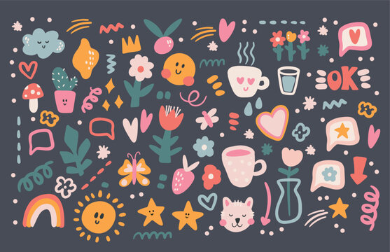 Collection of Cute Stickers for Daily and Weekly Planners. Kawaii Cartoon elements of flowers, stars, heart, rainbow, sun, butterflies and others