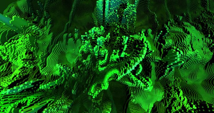 3D Abstract Landscape Animation. Textured Surface In The Form of Green Cubes. Abstract Nature Background. 4K