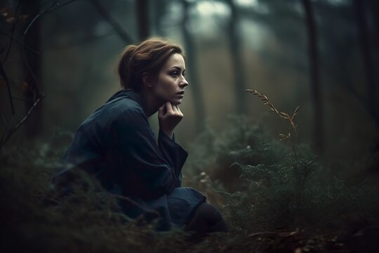 Solitude and Sadness: Woman Alone in a Forest Expressing Melancholy and Depression, Generative AI