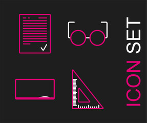 Set line Triangular ruler, Chalkboard, Glasses and Exam sheet with check mark icon. Vector