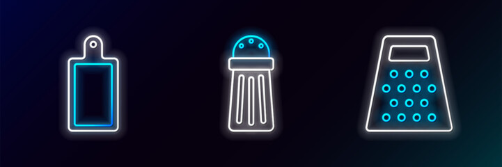 Set line Grater, Cutting board and Salt icon. Glowing neon. Vector