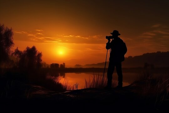 Silhouette of a photographer taking a picture at sunset. Beautiful nature. Sunset. Generative AI.
