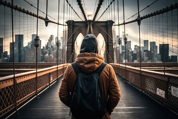 view from the back of a man alone on brooklyn bridge New York City, USA. illustration generative ai - obrazy, fototapety, plakaty