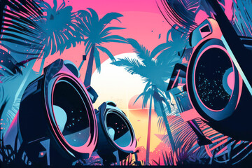 Low angle view of massive modern party speakers at a summer vacation dance party event with neon lights and palm trees. Generative AI - obrazy, fototapety, plakaty