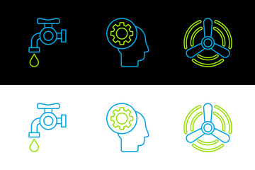 Set line Wind turbine, Water tap and Human head with gear inside icon. Vector