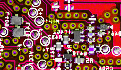 Obraz na płótnie Canvas Close up of components and microchips on PC circuit board.