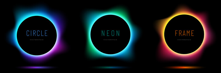 Set of pink-blue, red-purple and green illuminate neon light circles frames. Collection of glowing laser light round lines in top view dark background. Abstract gradient vibrant color geometric board.
