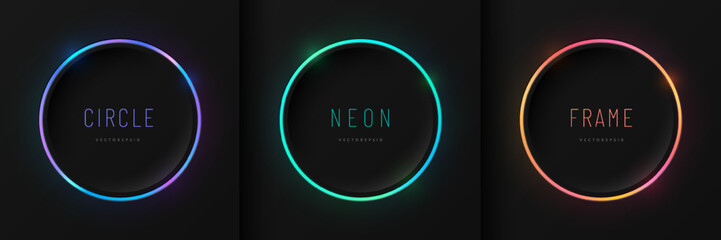 Set of pink-blue, red-purple and green illuminate neon light circles frames on black background. Glowing laser lighting round lines with copy space. Abstract cosmic vibrant color geometric design.