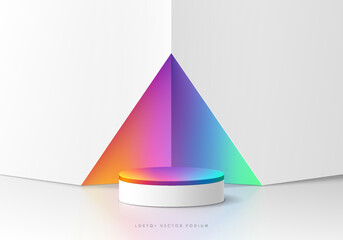 3D background with realistic white, colorful cylinder podium. Rainbow color in corner triangle wall scene. Minimal mockup empty product display. Abstract vector 3D rendering. Lgbtq for stage showcase.