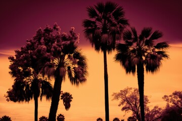 Fototapeta na wymiar palm trees silhouetted against a colorful sunset. Generative AI
