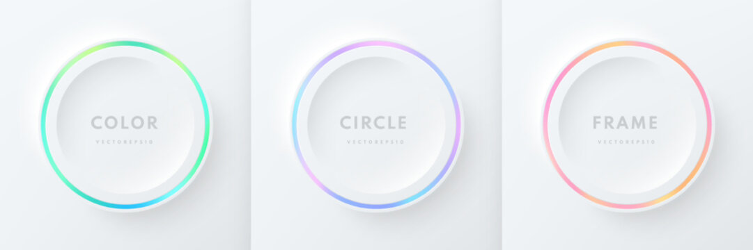 Set of pink-blue, red-purple and green illuminate neon lighting circles frames on white background. Collection of glowing laser light round lines in top view. Abstract vibrant gradient color design.