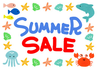 夏のかわいい　水彩イラスト　フレーム　サマーセールの文字