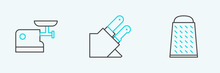 Set line Grater, Kitchen meat grinder and Knife icon. Vector