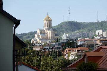 Tbilisi, Georgia - May 10, 2022: Cathedral of the Holy Trinity. Views of Tbilisi, Georgia.