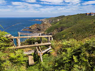 Countryside style step-over gate to a cliff path with the ocean in the background