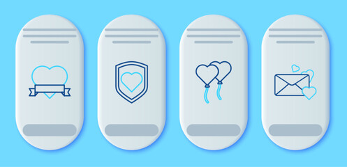 Set line Heart with shield, Balloons in form of heart, and ribbon and Envelope icon. Vector