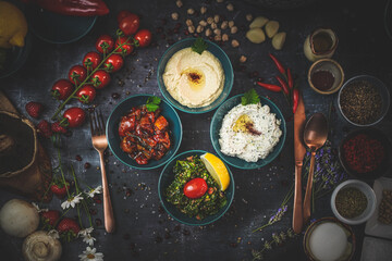 Delicious Cold Mezze Platter Top View, Hummus, Haydari, Şakşuka, Parsley Salad, Middle Eastern...