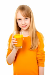 Cute cheerful girl in pink tee shirt holding a glass of orange juice isolated on transparent background