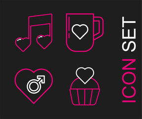 Set line Wedding cake with heart, Heart male gender, Coffee cup and and Music note, tone hearts icon. Vector