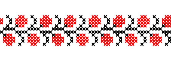 Ukrainian floral vector border pattern, ornament, print. Ukrainian folk, ethnic embroidery border pattern in red and black colors. Pixel art, vyshyvanka, cross stitch