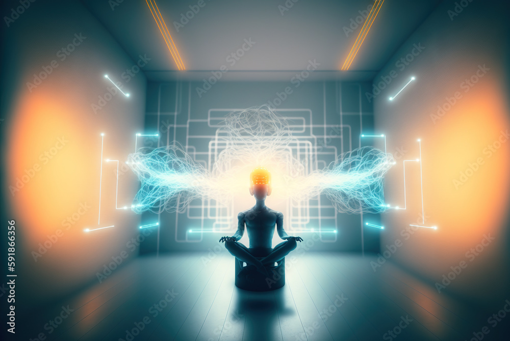 Poster digital era woman meditating in neon wires, with consciousness connected to the world via technologi