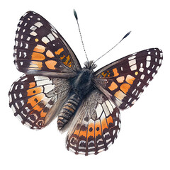 Silvery checkerspot  buterfly. Watercolor with transparent background. Generative AI