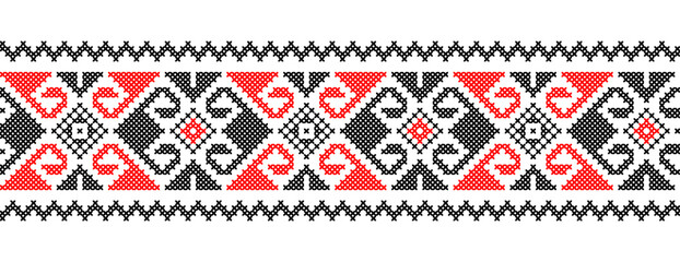 Ukrainian vector ornament, border, pattern. Ukrainian traditional geometric embroidery. Ornament in red and black colors. Pixel art, vyshyvanka, cross stitch