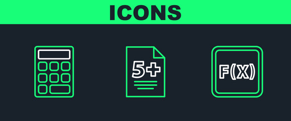 Set line Function mathematical symbol, Calculator and Test exam sheet icon. Vector