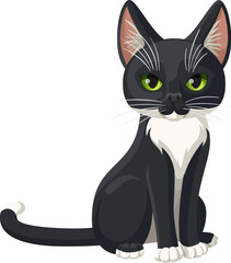 Black and white cat sits on a white background. Cartoon black cat with green eyes, white chest and paws. Head in full face. Vector illustration