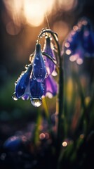 Bluebells flower with waterdrops. Close up. Generative AI