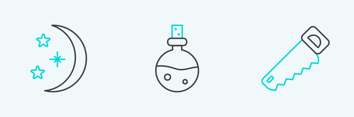 Obraz premium Set line Hand saw, Moon stars and Bottle with love potion icon. Vector
