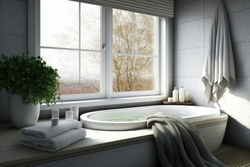 Relaxing Bath Tub with Natural Light from Window in a Modern Bathroom. Generative AI