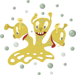 Fantasy cartoon creature monster with three heads. Isolated vector image on the background of bubbles.