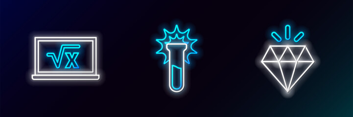 Set line Diamond, Square root of x glyph and Test tube and flask icon. Glowing neon. Vector