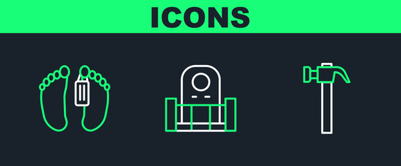 Set line Hammer, Dead body and Grave with tombstone icon. Vector