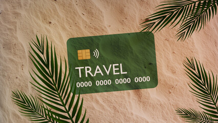 Concept 3D illustration on the theme of travel. Green bank card with travel text on the sand, palm leaves nearby. For the design of online banking products. Summer concepts for a bank or shop