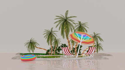 Fototapeta na wymiar Concept 3D illustration on the theme of travel. Sandy beach, which has a sun lounger, a beach umbrella, a beach rubber ring and palm trees. Reflection of the beach in the water.